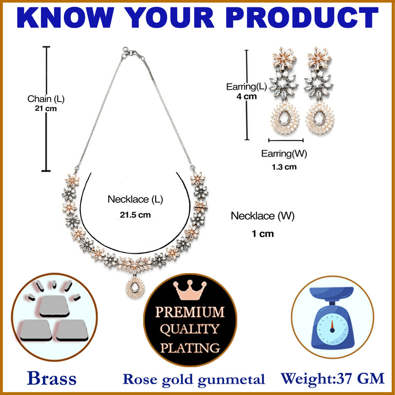 Rose Gold-Plated Floral Design Rose Black and White American Diamond Studded Jewellery Set