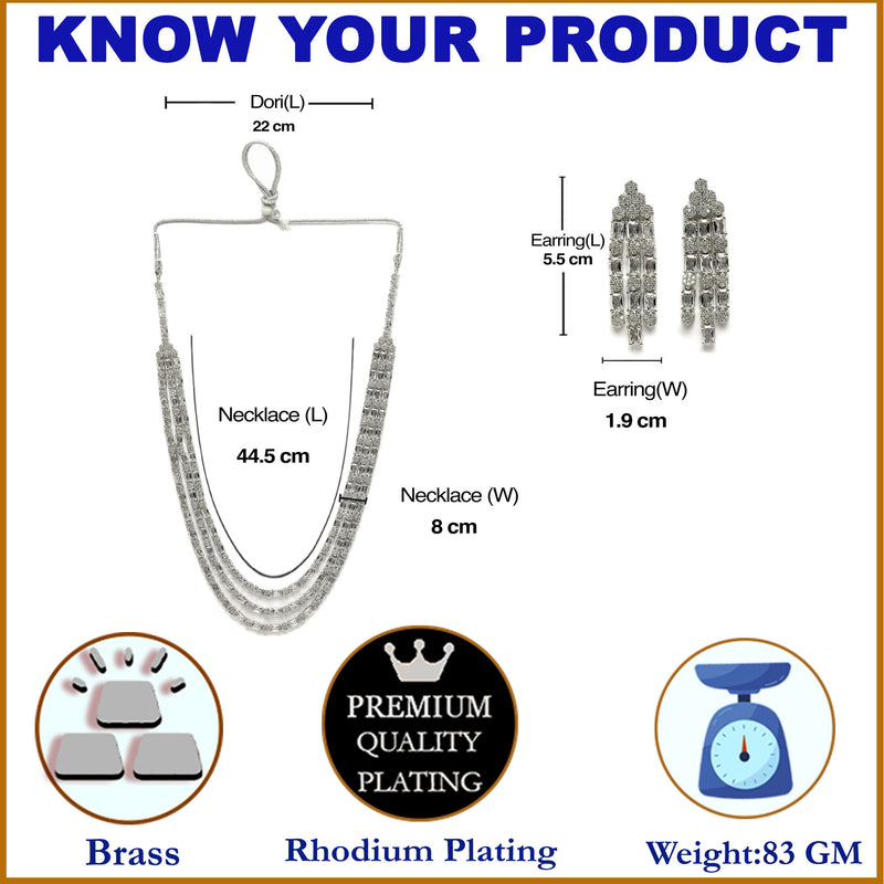 Rhodium-Plated White American Diamond Studded Layered Necklace & Earrings Jewellery Set