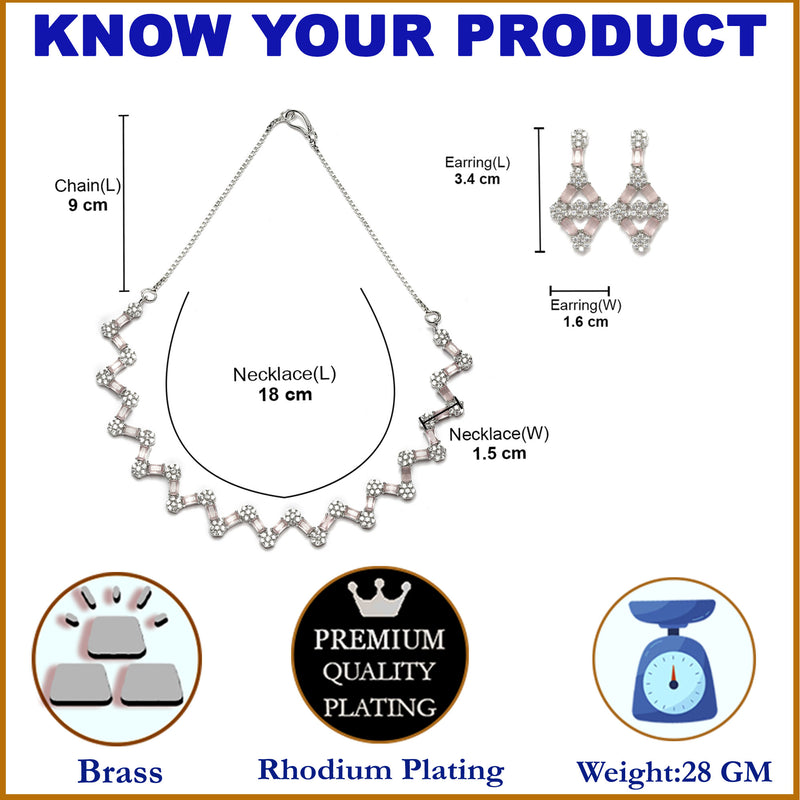 Rhodium-Plated Pink American Diamond Studded Necklace With Earrings Jewellery Set