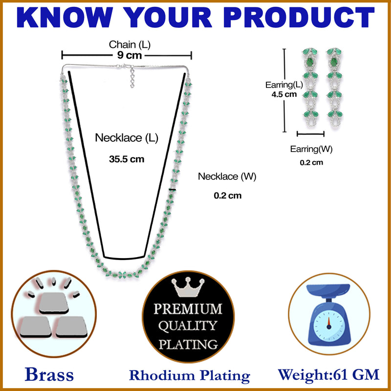 Rhodium-Plated Silver Toned Leaf Green American Diamond Studded Long Necklace with Drop Earrings Jewellery Set
