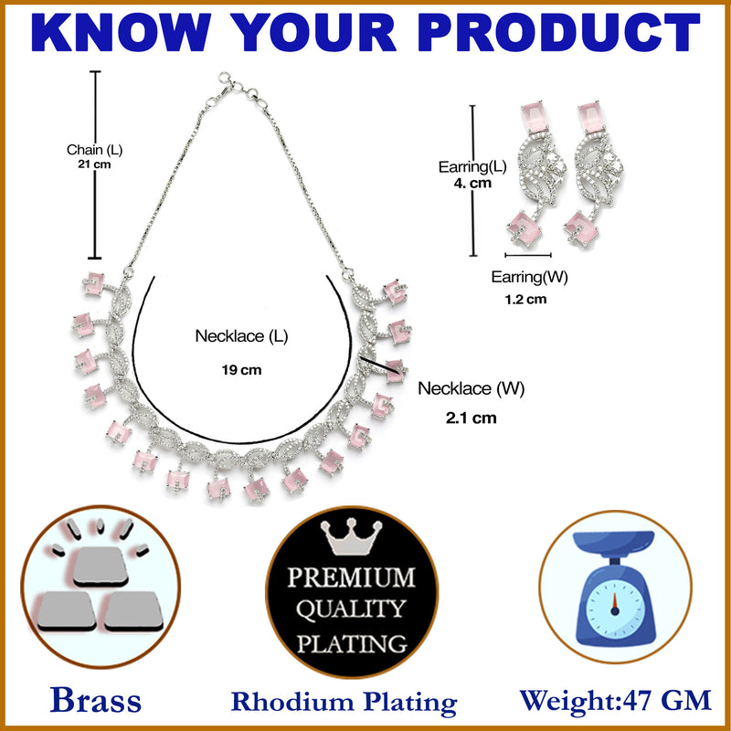 Rhodium-Plated with Silver-Toned Leaf Design Pink and White American Diamond Studded Jewellery Set