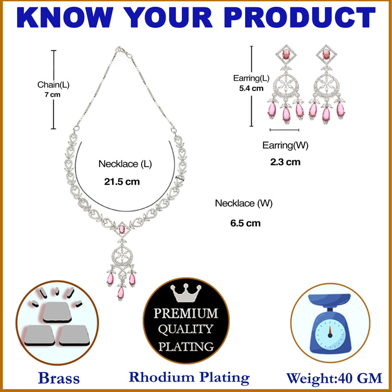 Rhodium-Plated Red Baguette Teardrops American Diamonds Studded Necklace & Earrings Jewellery Set