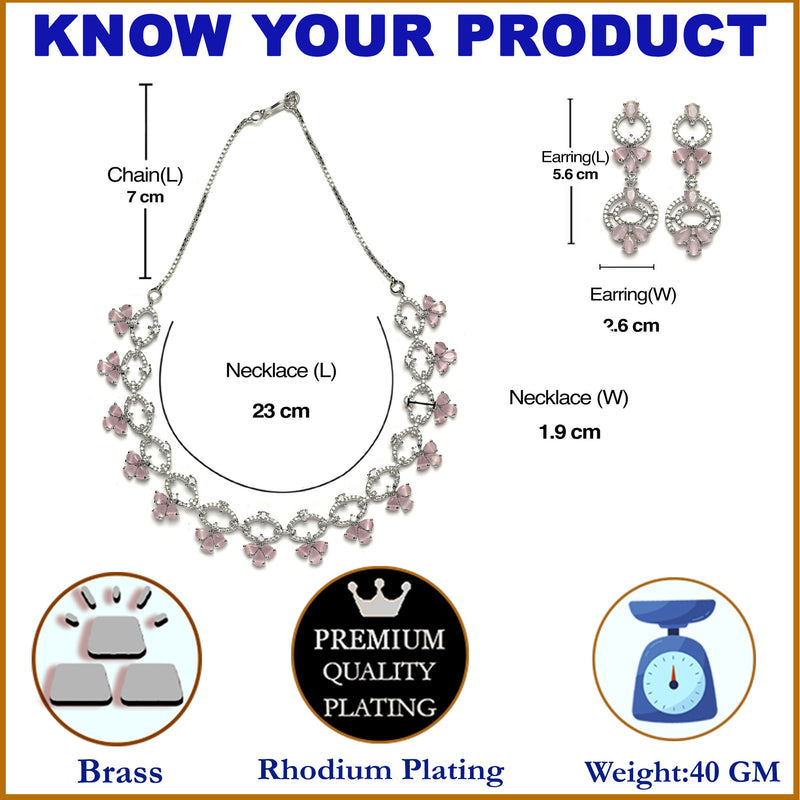Rhodium-Plated Pink Oval American Diamond Studded Circular Shaped Necklace & Earrings Jewellery Set