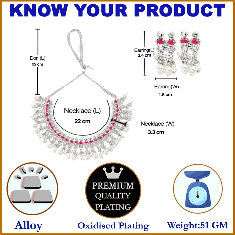 Oxidised Silver-Plated Red American Diamond & White Pearl Studded Necklace Earrings Jewellery Set