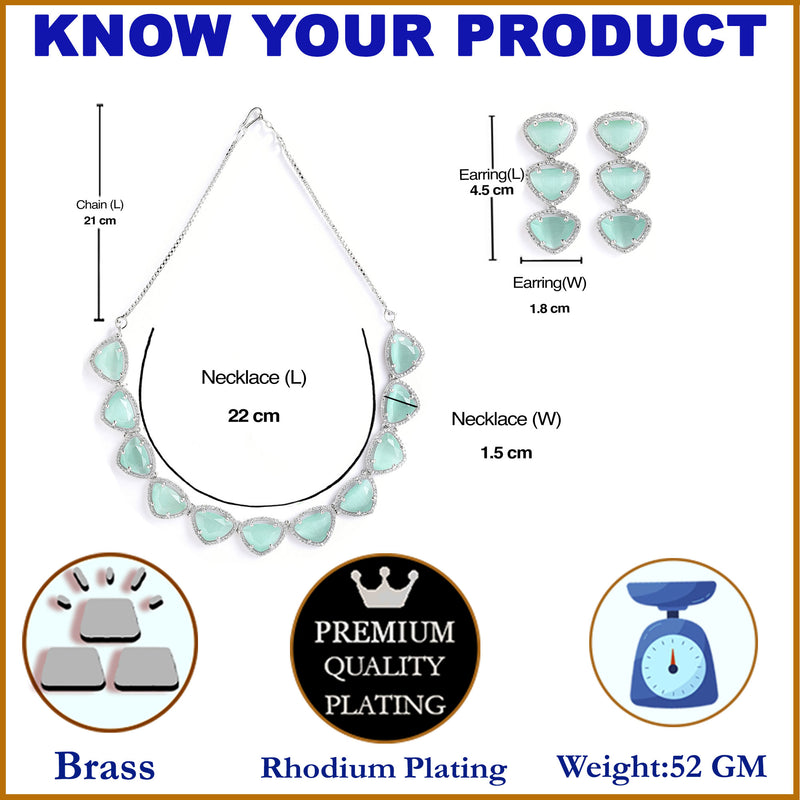 Rhodium-Plated with Silver-Tone Sea Green American Diamond Studded Jewellery Set