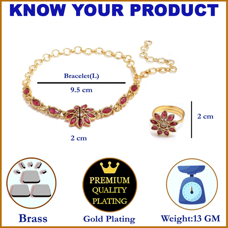 Gold-Plated Red Stone Studded Brass Wraparound Bracelet With Ring