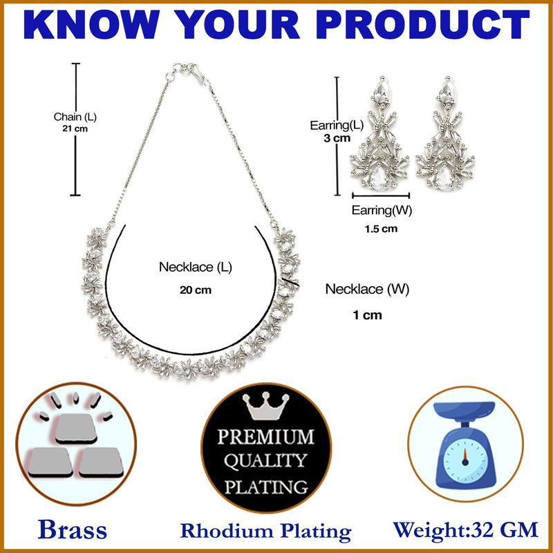 Rhodium-Plated with Silver-Toned Floral and Pear Design White American Diamond Studded Jewellery Set