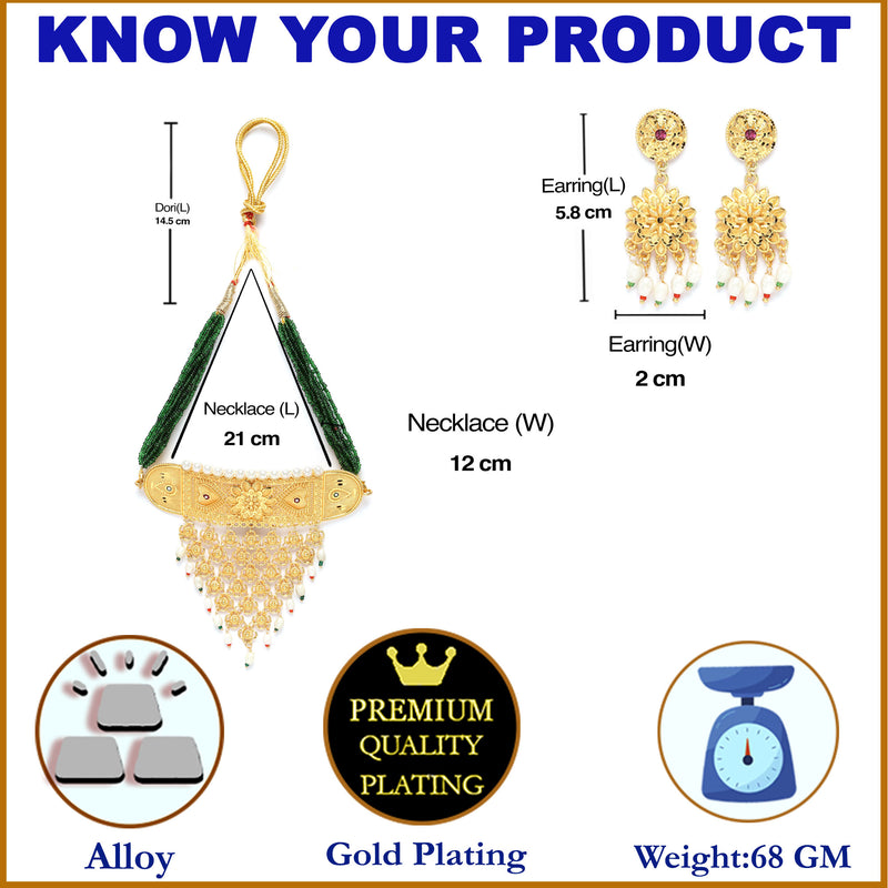 Gold-Plated Green & White Kundan Studded & Beaded Choker Meenakari Necklace with Earrings Jewellery Set