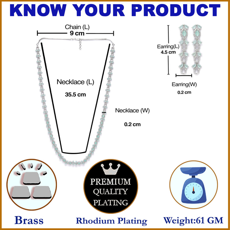 Rhodium-Plated Silver Toned Leaf Sea Green American Diamond Studded Long Necklace with Drop Earrings Jewellery Set