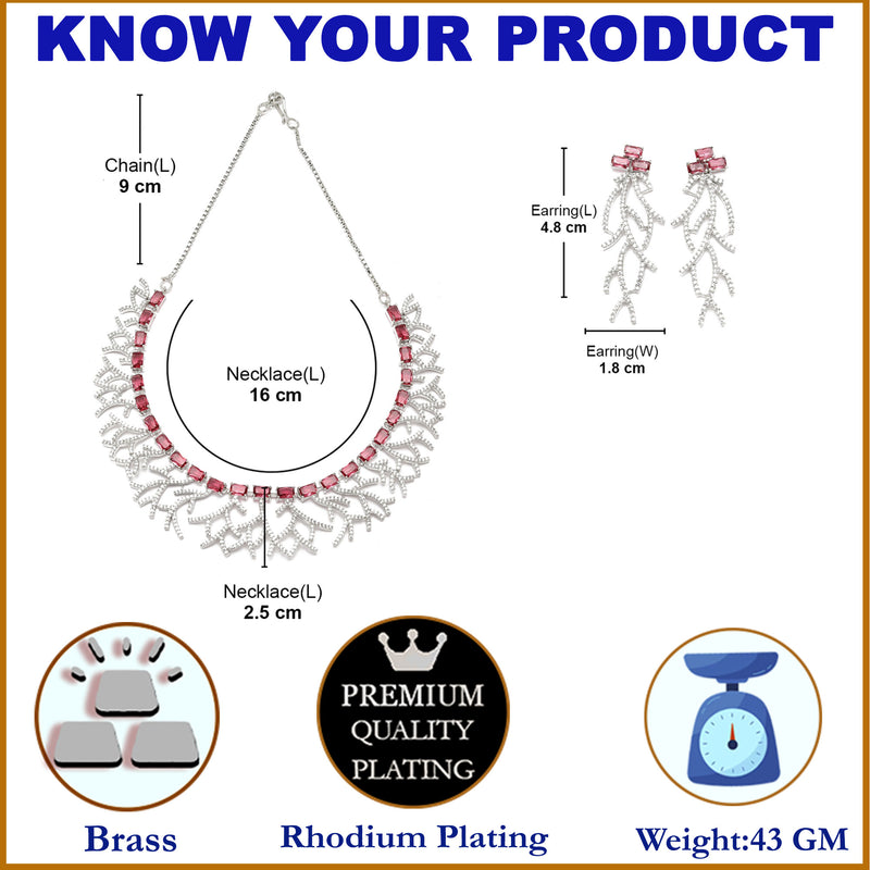 Rhodium-Plated Red American Diamond Studded Eccentric Design Necklace & Earrings Jewellery Set