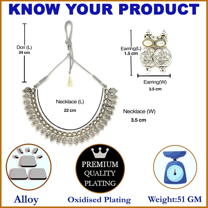 Rhodium-Plated with Oxidised Silver-Plated White Artificial Beads Studded & Temple Coin Jewellery Set