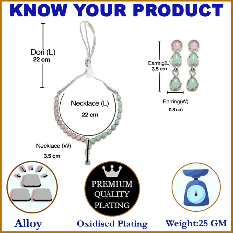 Oxidised Silver-Plated Lime Green-Pink American Diamond Studded Necklace with Earring Jewellery Set