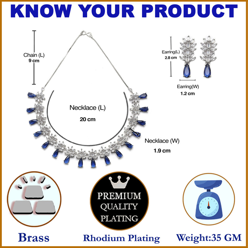 Rhodium-Plated Silver Toned Teardrop Navy Blue American Diamond Studded Necklace Earrings Jewellery Set