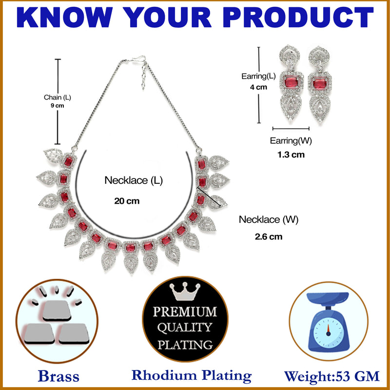 Rhodium-Plated Red American Diamond Studded Leaf Shaped Necklace with Earrings Jewellery Set
