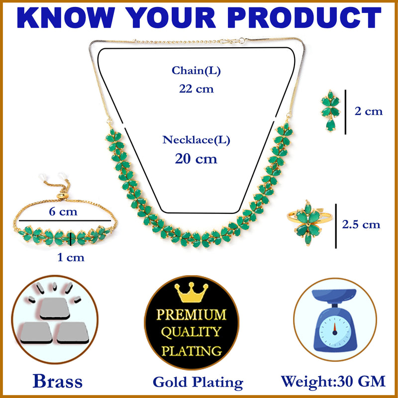Flower Shaped Green & Gold Plated American Diamond Studded Handcrafted Jewellery Set Combo