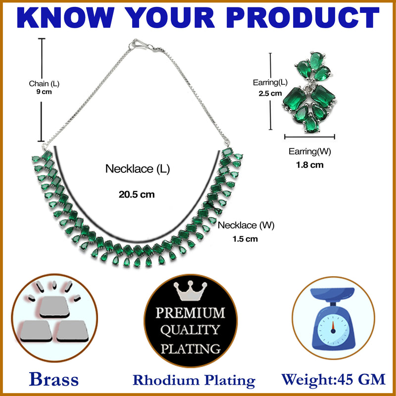 Rhodium-Plated Silver Toned Pear Green American Diamond Studded Necklace with Earrings Jewellery Set