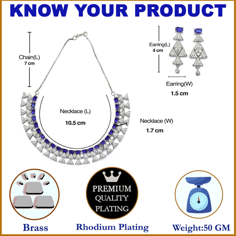 Rhodium-Plated Navy Blue American Diamond Studded Triangular Design Necklace & Earrings Jewellery Set