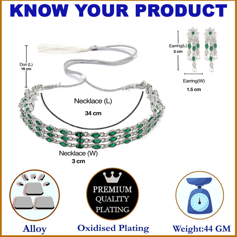 Oxidised Silver-Plated Green American Diamond Studded Multi-Strand Necklace Earrings Jewellery Set