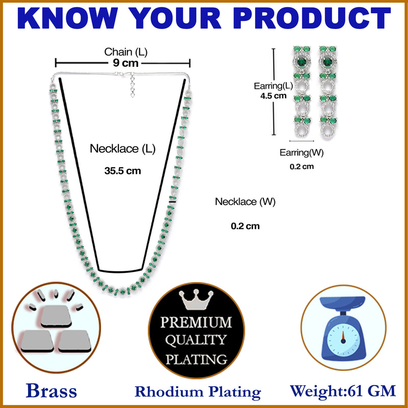 Rhodium-Plated Silver Toned Circular Green American Diamond Long Necklace with Earrings Jewellery Set