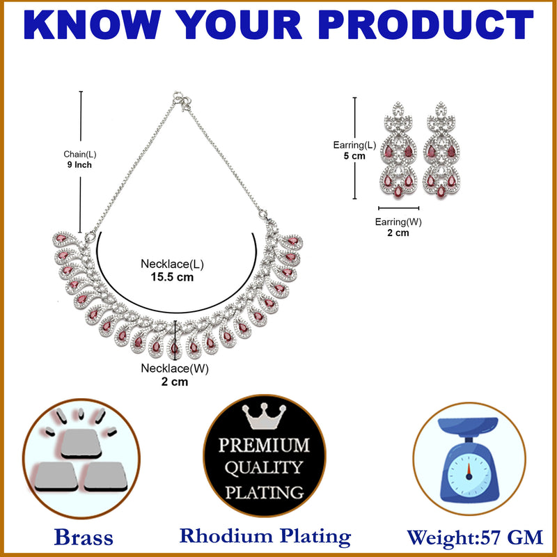 Rhodium-Plated Red American Diamond Studded Paisley Shaped Necklace & Earrings Jewellery Set