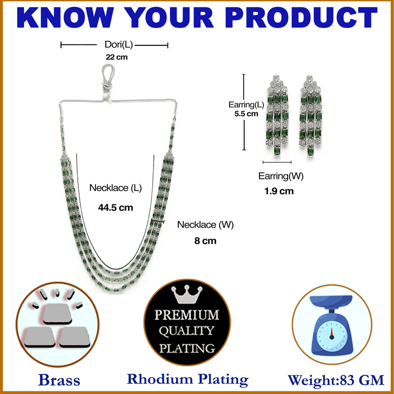 Rhodium-Plated Green American Diamond Studded Layered Necklace & Earrings Jewellery Set
