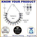 Rhodium-Plated Navy Blue American Diamond Studded Leaf Shaped Necklace with Earring Jewellery Set