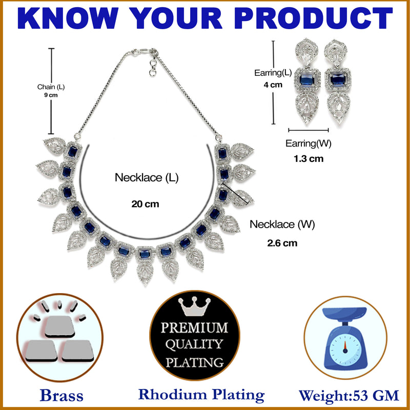 Rhodium-Plated Navy Blue American Diamond Studded Leaf Shaped Necklace with Earring Jewellery Set