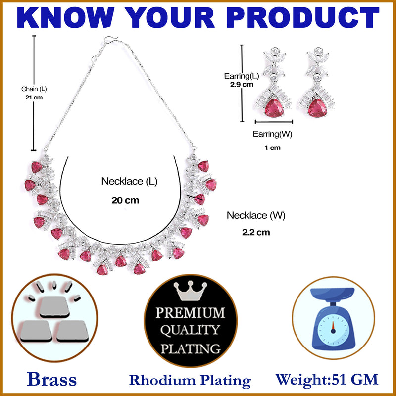 Rhodium-Plated with Silver-Tone & Red American Diamond Stone-Studded Jewellery Set