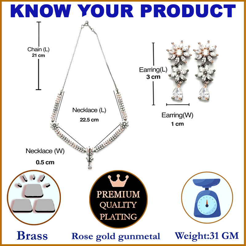Rose Gold-Plated Floral Design Rose Black and White American Diamond Studded Jewellery Set