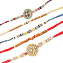Gold-Plated Enamelled Kundan & Kids Power Ranger Combo Rakhi Bracelet Set of 5