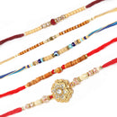 Red Enamelled Kundan & Kids Power Ranger Combo Rakhi Bracelet Set of 5