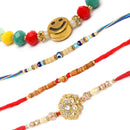 Gold-Plated OM & Stylish Mor Pankh Red Enamelled Kundan & Kids Power Ranger Combo Rakhi Bracelet Set of 4