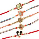 Enamelled Mor Pankh Red Enamelled Kundan & Kids Rakhi Bracelet Set of 5