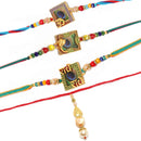 Rakhi GANESHJI RADHE RADHE MOR & OM WIth Enamled MOR PANKH Rakhi |Gold-Plated Lumba Rakhi for Bhabhi Combo Rakhi Bracelet Set of 4 Rakhi