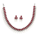 Rhodium-Plated with Oxidised Silver-Tone Red American Diamond-Studded & Pearl Beaded Jewellery Set