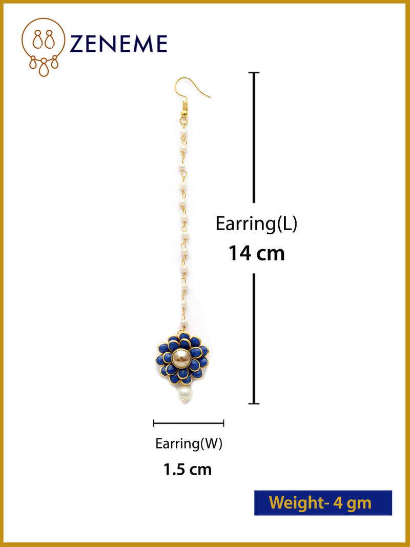 Gold Plated with Blue Stones & Pearl Drop Traditional Maang Tikka Set Of 5