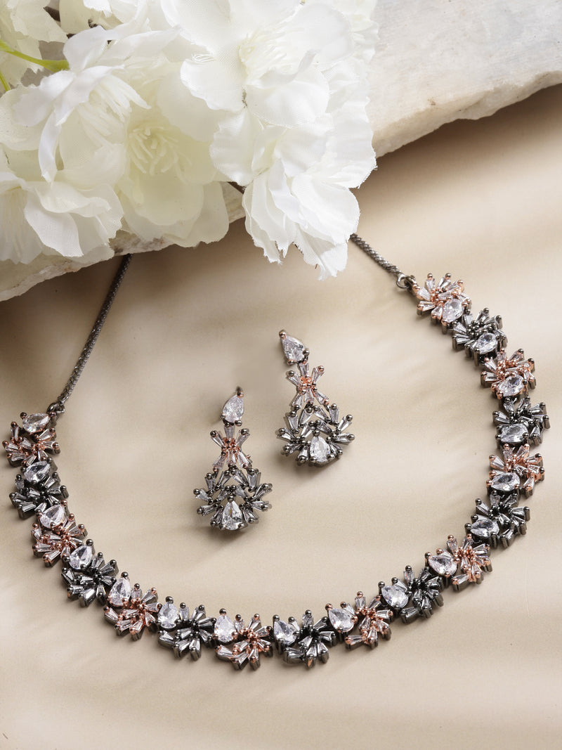Rose Gold-Plated Floral and Pear Design Rose Black and White American Diamond Studded Jewellery Set