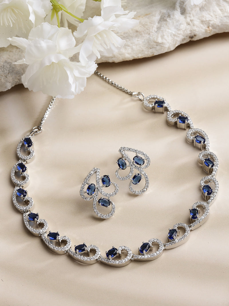 Rhodium-Plated with Silver-Toned Navy Blue and White Cubic Zirconia & American Diamond studded Necklace and Drop Earrings Jewellery Set