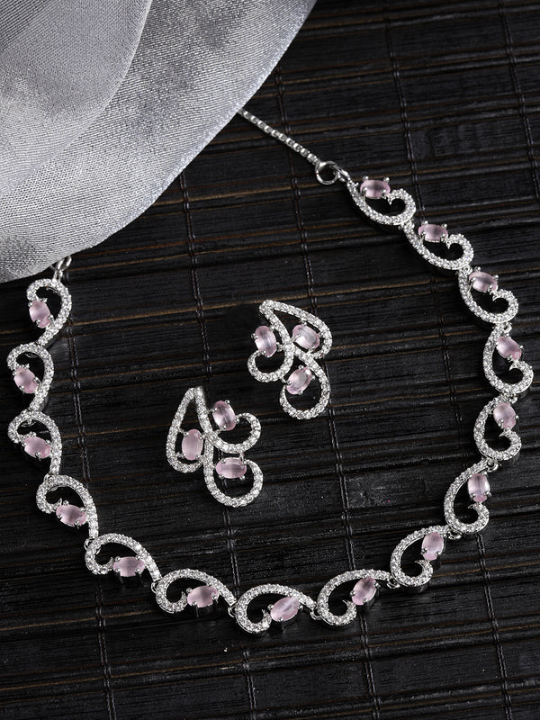 Rhodium-Plated with Silver-Toned Pink and White Cubic Zirconia & American Diamond studded Necklace and Drop Earrings Jewellery Set