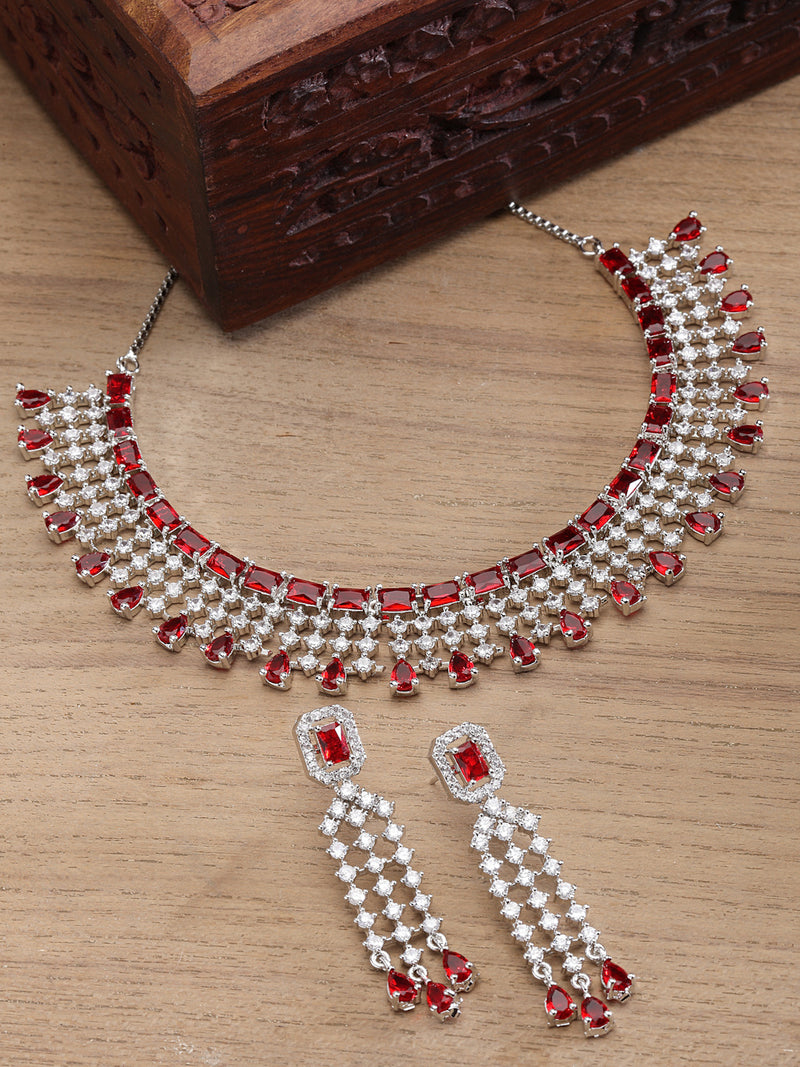 Rhodium-Plated with Silver-Toned Red American Diamond Studded Jewellery Set