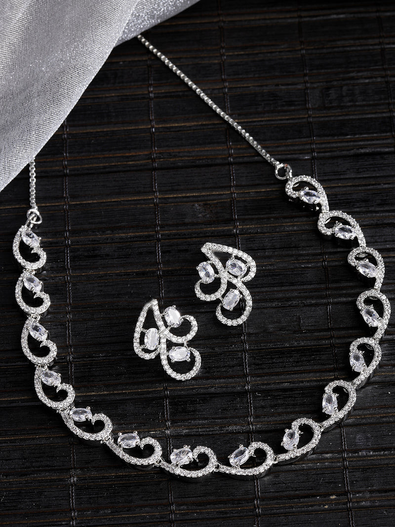 Rhodium-Plated with Silver-Toned White Cubic Zirconia & American Diamond studded Necklace and Drop Earrings Jewellery Set
