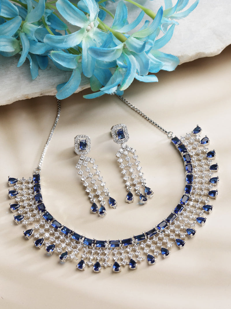 Rhodium-Plated with Silver-Toned Blue American Diamond Studded Jewellery Set
