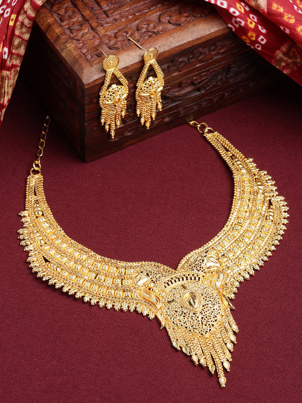Gold-Plated Handcrafted Intricate Textured Necklace and Earrings Jewellery Set