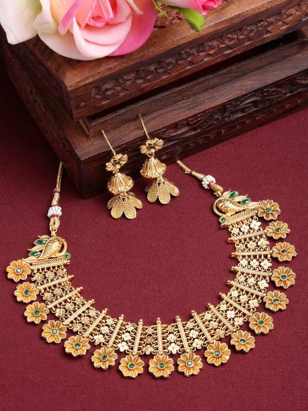 Gold-Plated Floral Design Green Artificial Stones Studded and Beads Beaded Jewellery Set