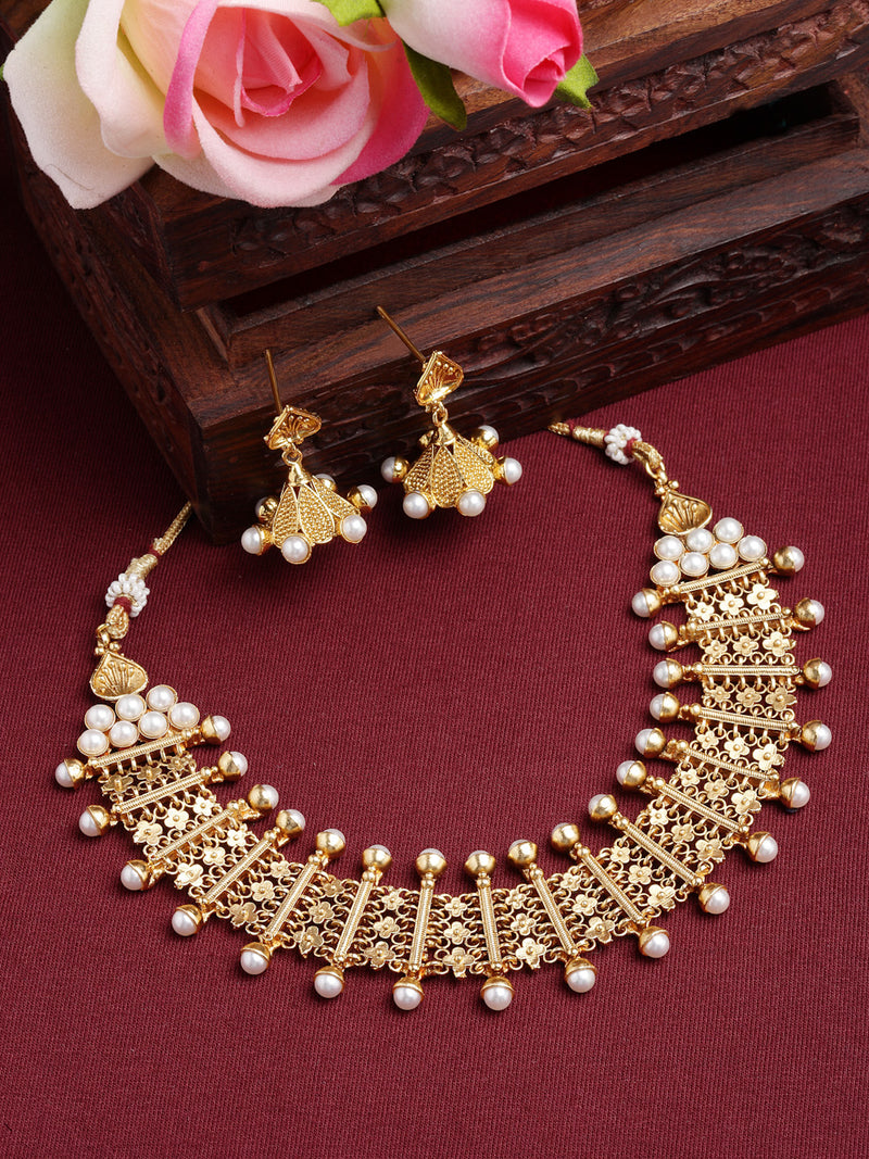 Gold-Plated White Pearls Studded and Beaded Jewellery Set