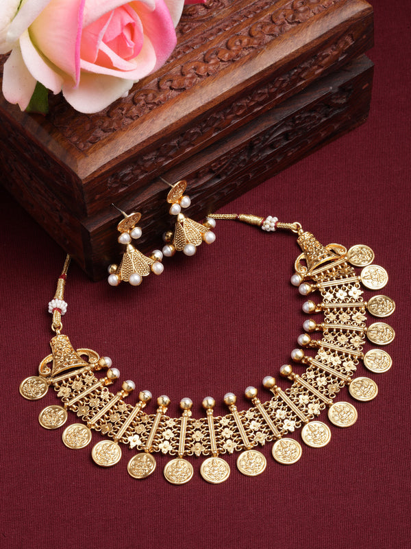 Gold-Plated Lakshmi Coin Necklace with White Pearls Studded and Beaded Jewellery Set