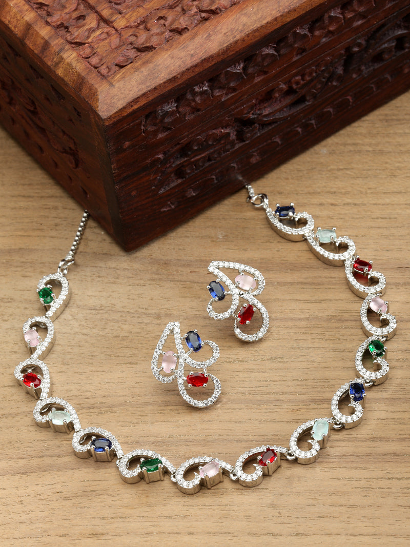Rhodium-Plated with Silver-Toned Multi-Colour Cubic Zirconia & American Diamond studded Necklace and Drop Earrings Jewellery Set