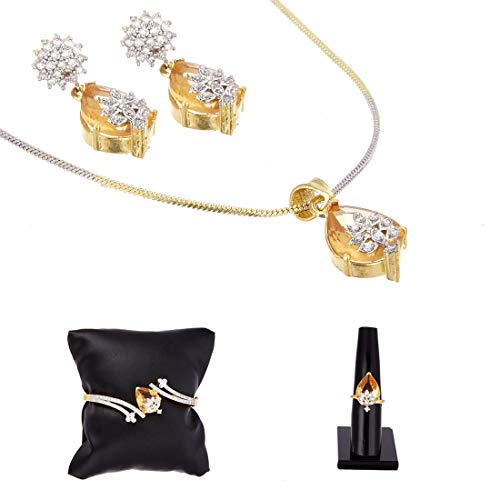ZENEME Jewellery Set American Diamond Signature Collection Combo of Necklace Pendant Set with Earrings, Bracelet and Ring for Girls & Women