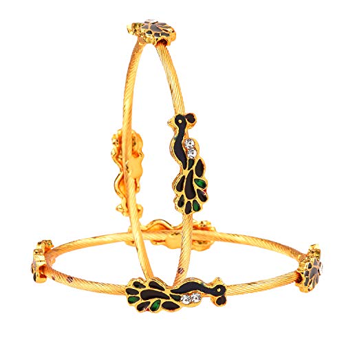 Zeneme Designer Peacock Design Gold Plated Jewellery Bangles for Women and Girls Set of 2