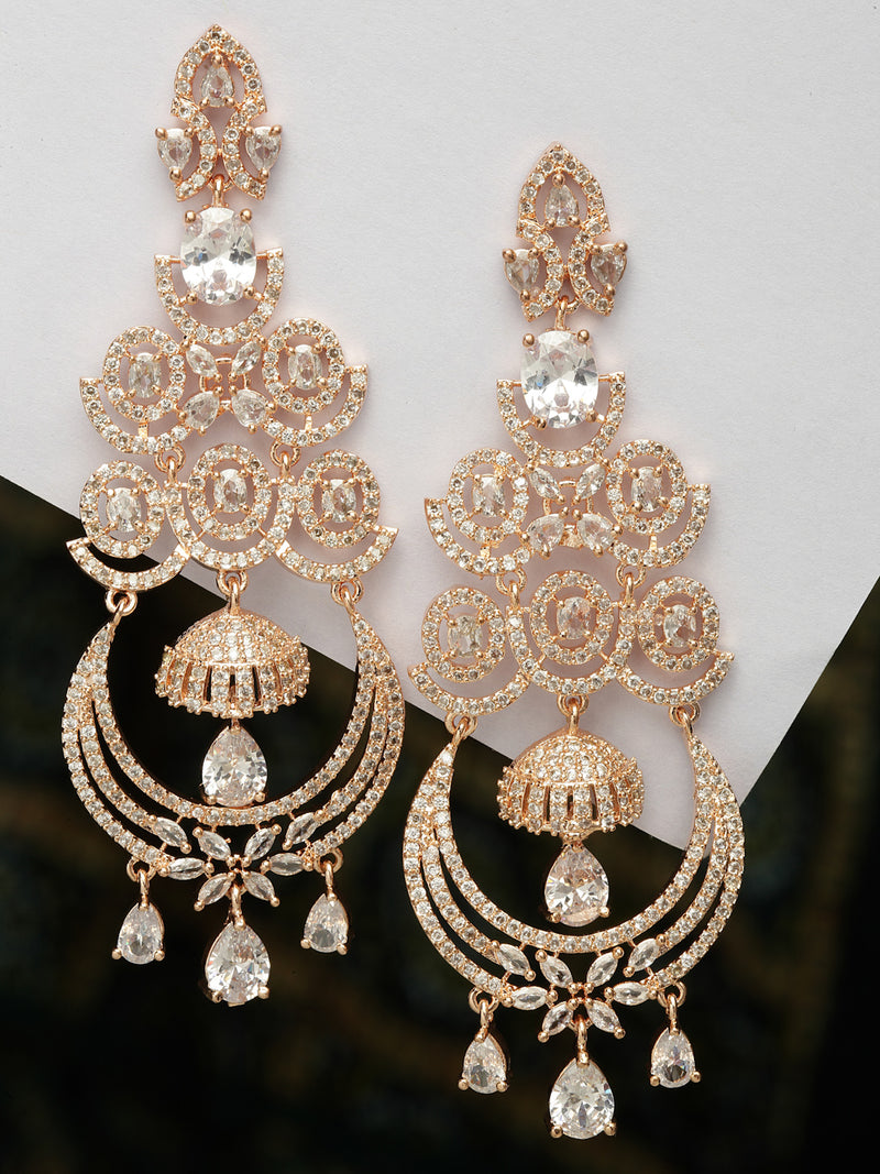 Rose Gold-Plated White American Diamond Floral Drop Earrings